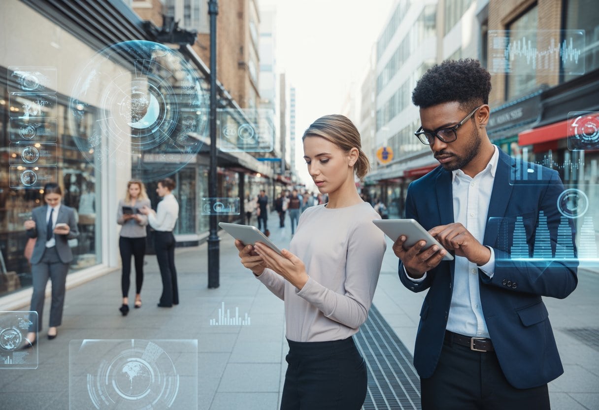 Geschäftsleute analysieren digitale Marktdaten vor traditionellen Geschäften in einer modernen Stadt.