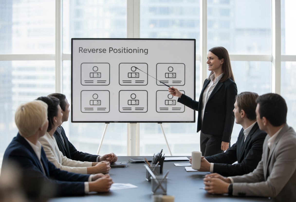 Eine Geschäftsfrau erklärt einem Team in einem modernen Büro eine Präsentation mit wenigen wichtigen Symbolen auf einem Bildschirm.