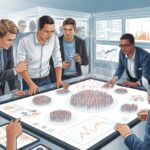 Eine Gruppe von Fachleuten in einem modernen Büro, die um einen digitalen Tisch mit Datenvisualisierungen stehen und gemeinsam Analysen besprechen.