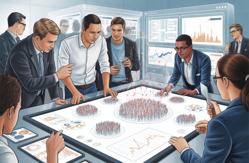 Eine Gruppe von Fachleuten in einem modernen Büro, die um einen digitalen Tisch mit Datenvisualisierungen stehen und gemeinsam Analysen besprechen.