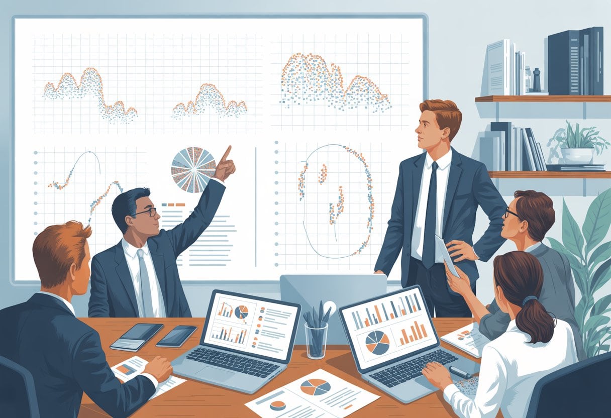 Ein Team von Fachleuten analysiert detaillierte Marktdaten auf einem großen Bildschirm in einem modernen Büro.