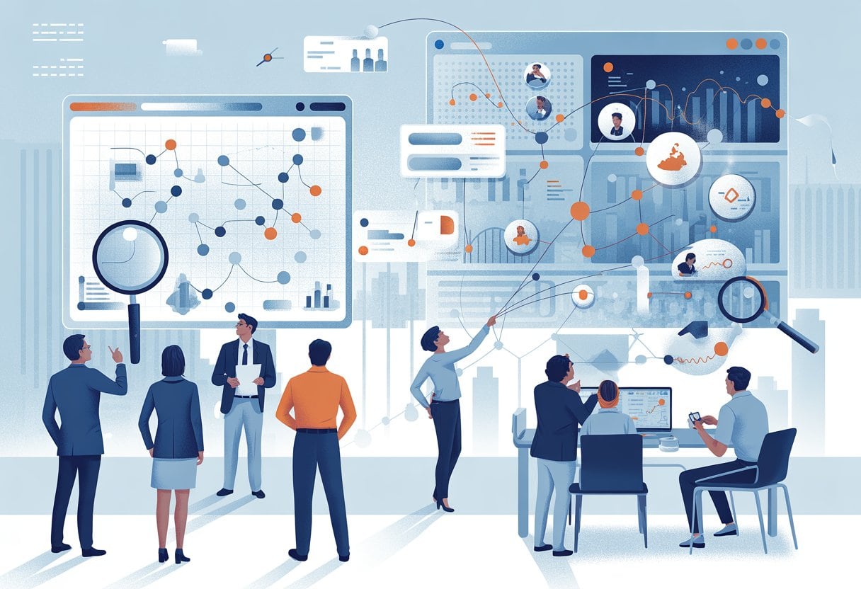 Eine Gruppe von Geschäftsleuten analysiert Daten auf mehreren Bildschirmen mit Diagrammen und vernetzten Datenpunkten in einem modernen Büro.