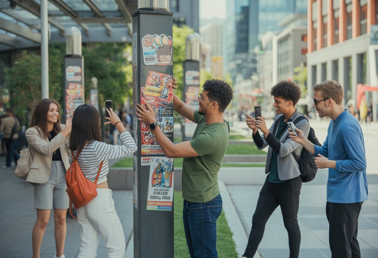 Eine Gruppe junger Menschen betrachtet und fotografiert bunte Plakate und Flyer an einer belebten Straßenecke in der Stadt.