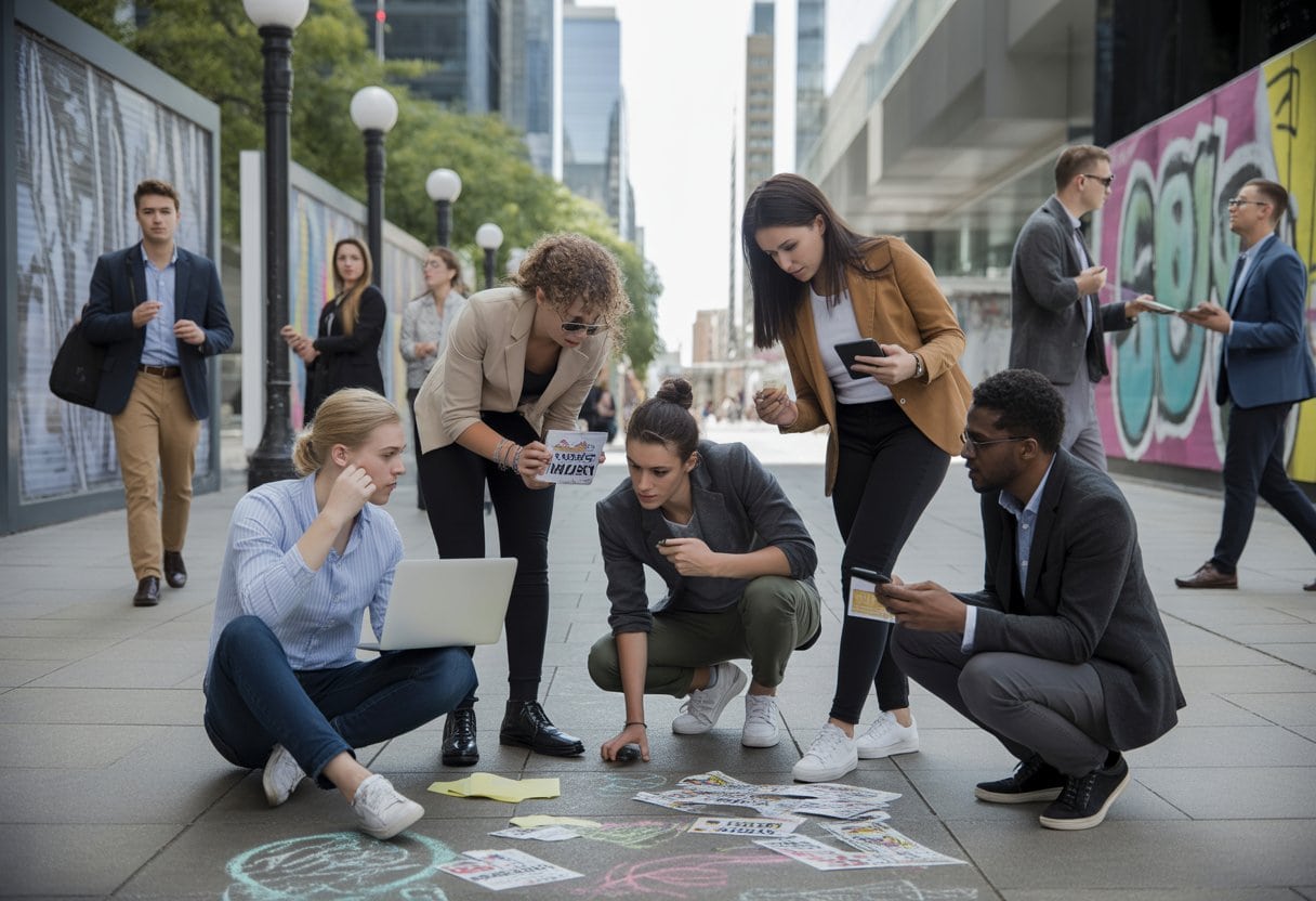 Eine Gruppe von Marketingfachleuten arbeitet draußen in der Stadt mit Flyern, Stickern und Laptops, um kreative Werbemaßnahmen umzusetzen.