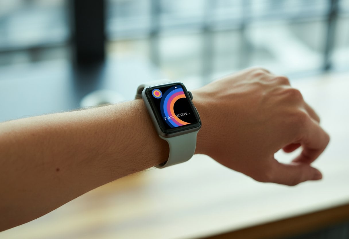 Nahaufnahme eines Handgelenks mit einer modernen Smartwatch, die eine bunte Anzeige zeigt.