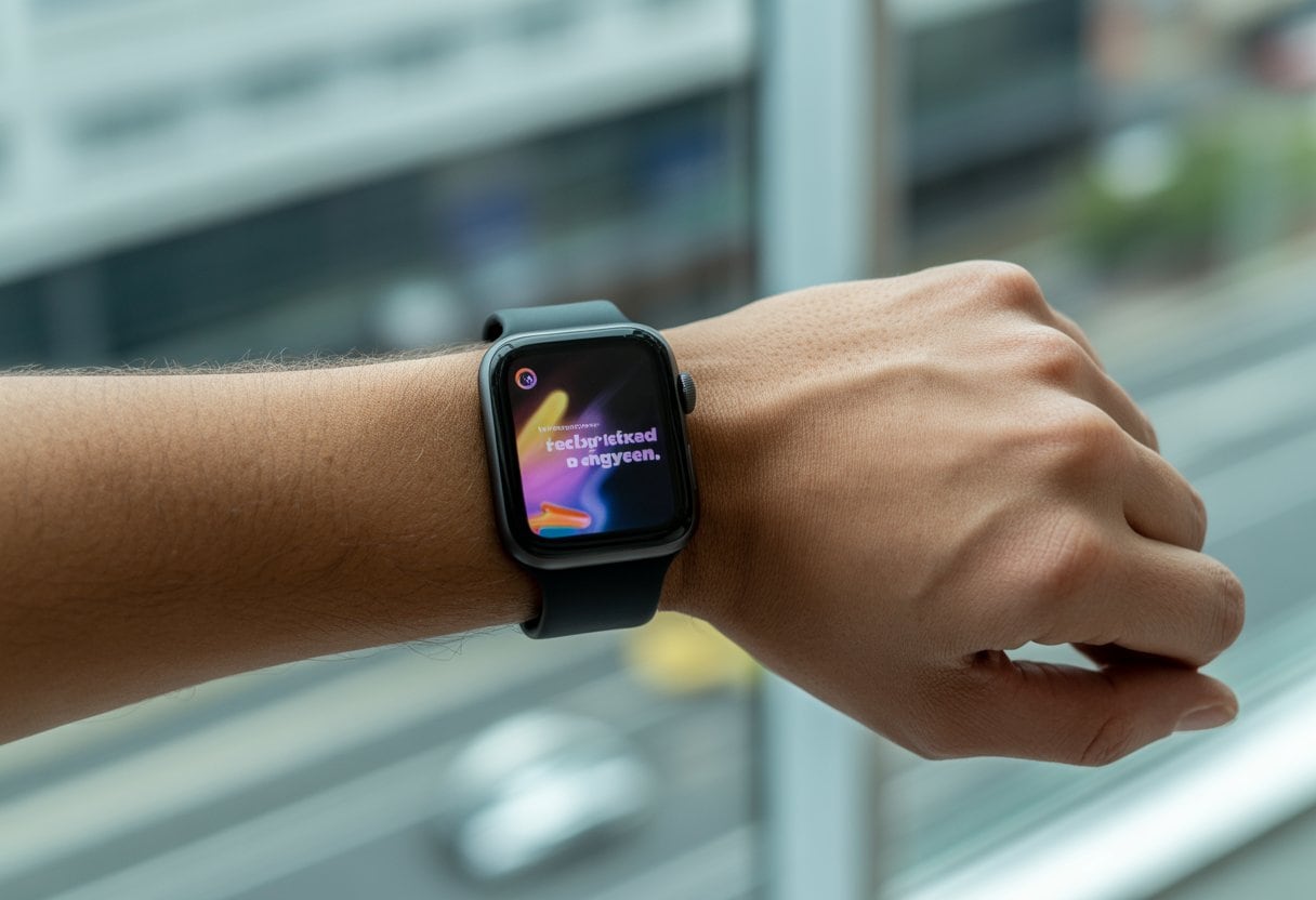 Nahaufnahme eines Handgelenks mit einer modernen Smartwatch, die eine bunte Werbegrafik zeigt.
