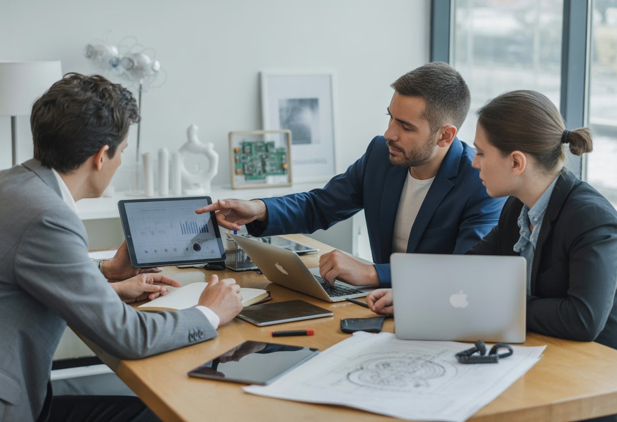Drei technische Fachkräfte arbeiten gemeinsam an einem modernen Schreibtisch in einem hellen Büro und besprechen Pläne auf digitalen Geräten.