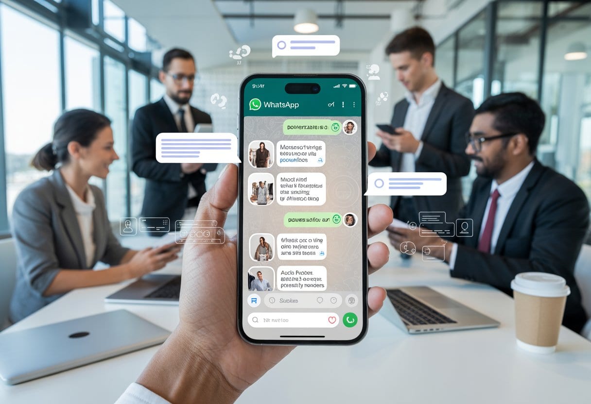 Eine Gruppe von Geschäftspersonen in einem modernen Büro, die über ein Smartphone mit WhatsApp kommunizieren, um Verkäufe abzuwickeln.