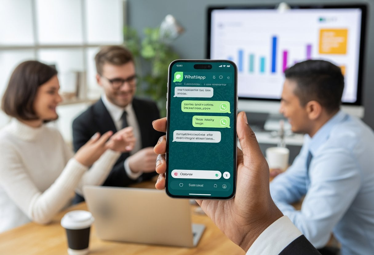 Mehrere Personen in einem modernen Büro führen eine Unterhaltung, während ein Smartphone mit WhatsApp-Chat sichtbar ist.