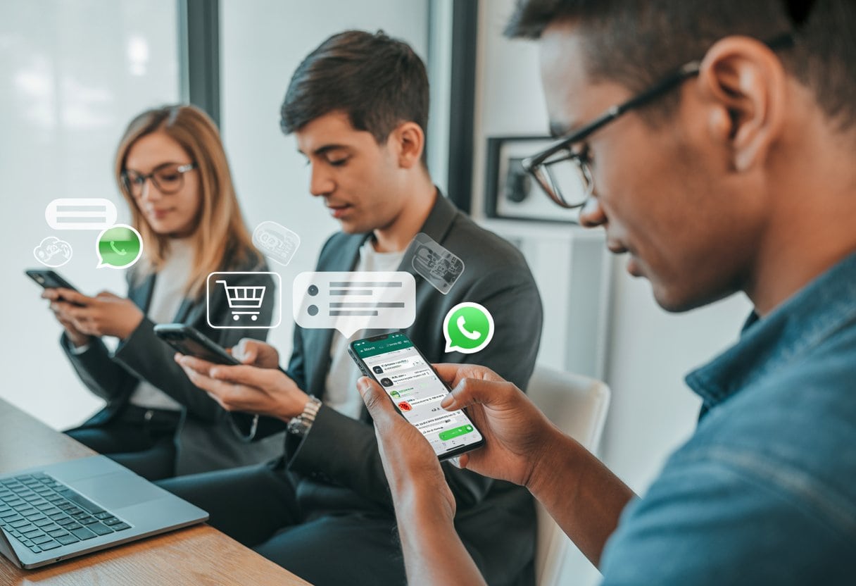 Mehrere Personen in einem modernen Büro nutzen Smartphones und Laptops, eine Person tippt eine Nachricht auf WhatsApp, umgeben von Symbolen für Chat und Online-Einkauf.