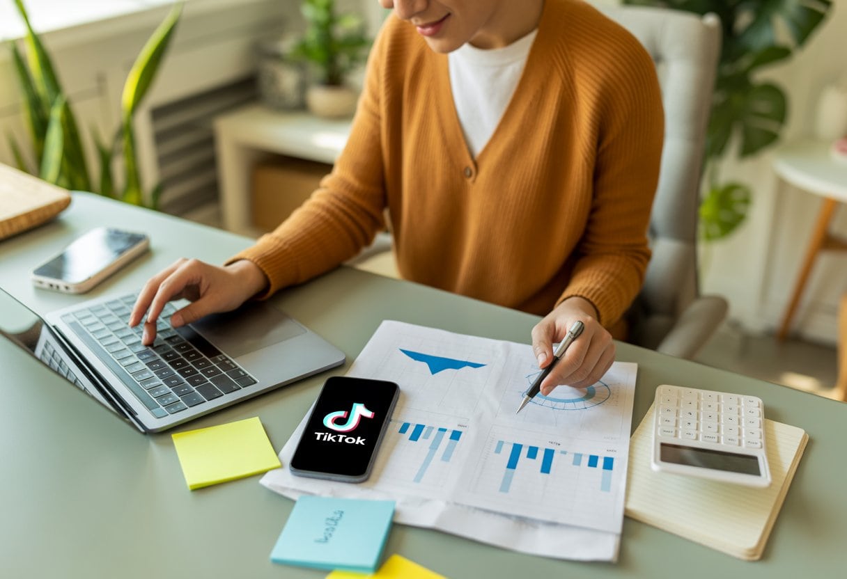 Eine Person arbeitet an einem Schreibtisch mit Laptop und Smartphone, um TikTok Shop für eine kleine Marke zu optimieren.