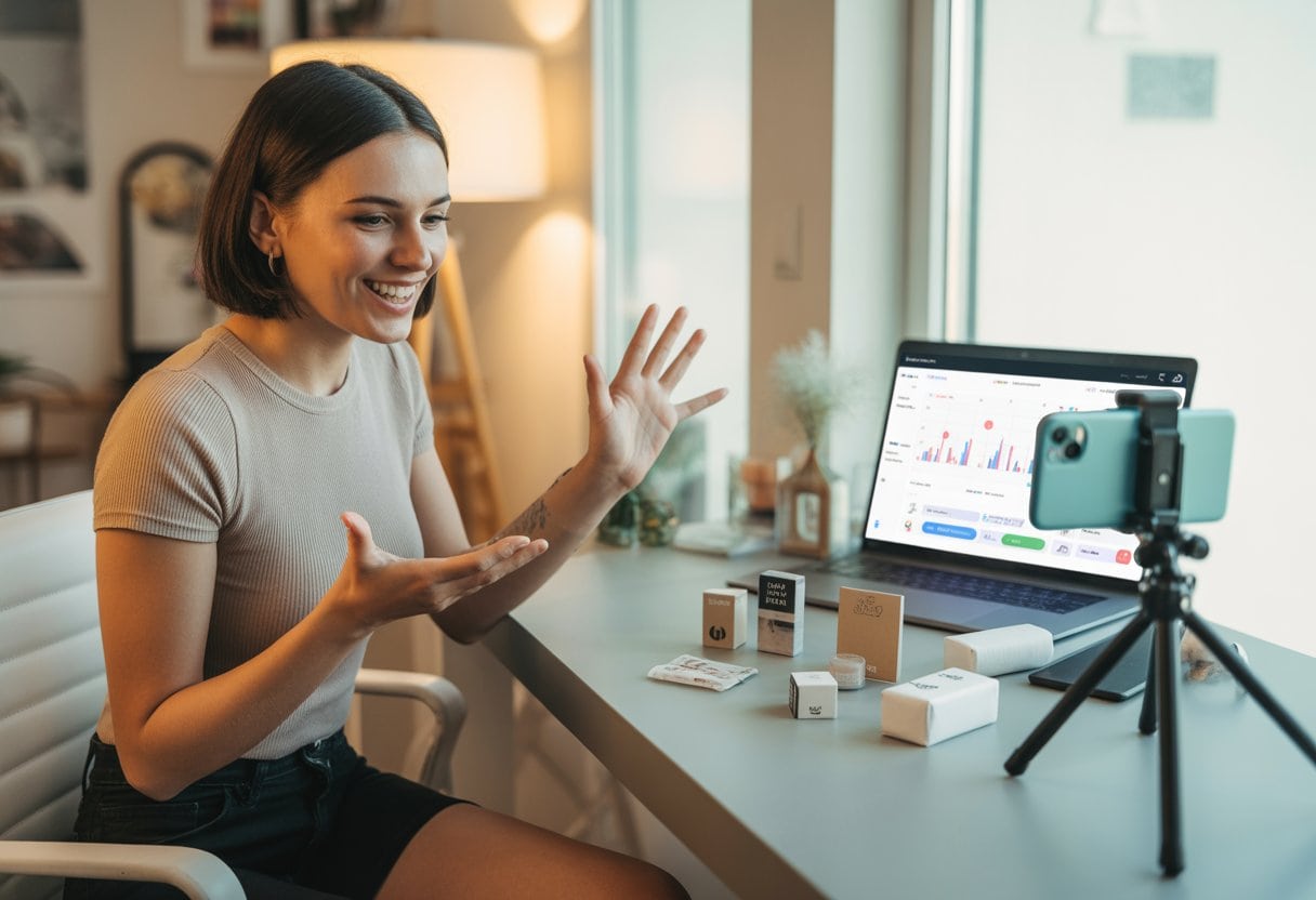 Eine junge Frau präsentiert Produkte an einem kleinen Schreibtisch mit Smartphone und Laptop in einem hellen Raum.