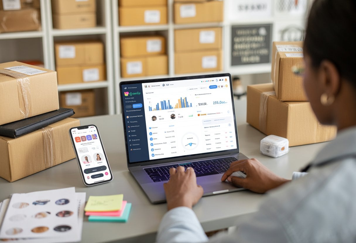 Eine Person arbeitet an einem Laptop mit Verkaufsplattformen, umgeben von Paketen und Produkten in einem aufgeräumten Arbeitszimmer.